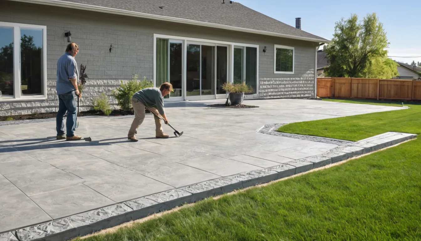 A new stamped concrete patio behind a family home in Gary, with outdoor chairs and a small table